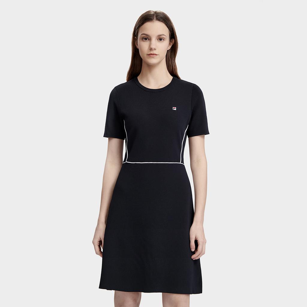 FILA Logo Solid Color Round Neck Fashion Elegant Waist Slimming Simple Short Sleeve Dress Women dresses Legendary-Blue F11W321312FNV