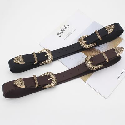 Women'S Belt Antique Buckle Single Head Double Buckle Head Personalized Retro Engraved Buckle Clothing Decorative Belt Women
