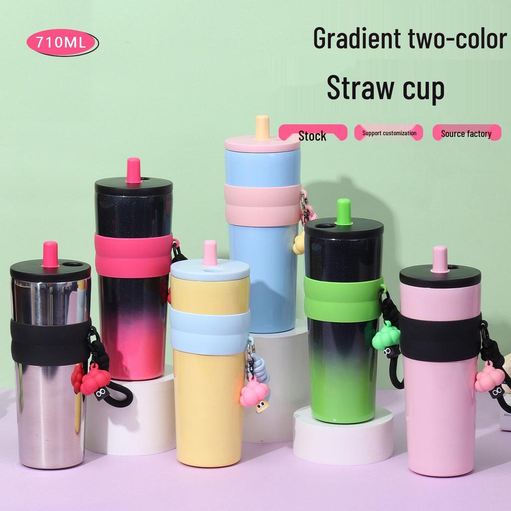 Sleek Gradient Stainless Steel Insulated Straw Cup with Portable Strap