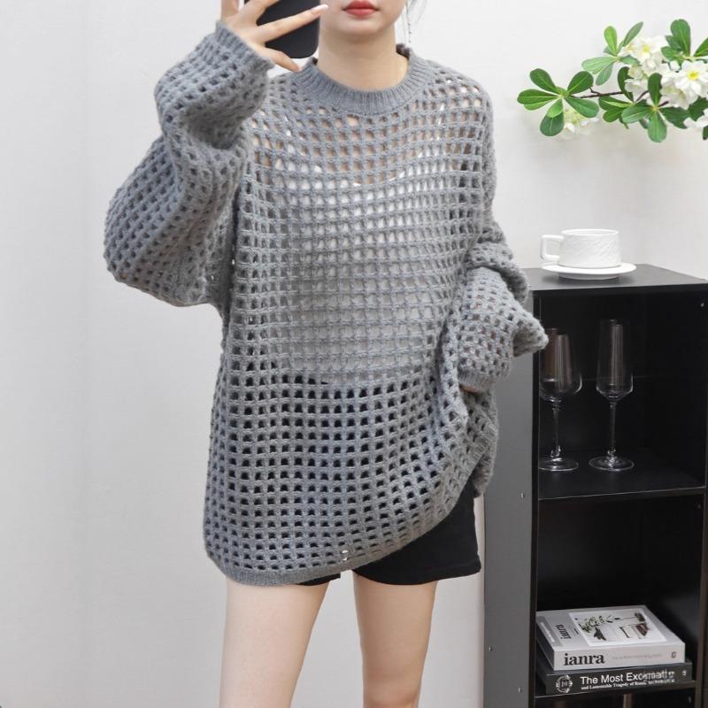 Hollow Thin Knitted Sweater Top Early Autumn New Loose and Thin Lazy Wind Sweater Pullover Woman