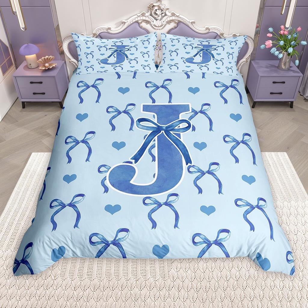 Homewish Girls Blue Bowknot Duvet Cover Set, Princess Style Bed Set, Monogrammed Bow Quilt Cover Set