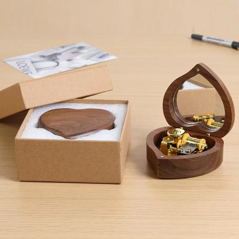 Creative Heart Shaped With Mirror Music Box Handmade  Wooden Music Box Home Decoration Ornament Birthday Gift Christmas ZG120