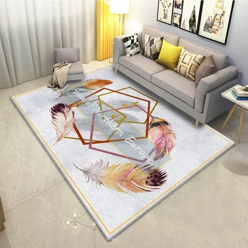 Feather Print Crystal Velvet Home Carpets for Living Room Decor Quality Wrapping Edge Rugs for Bedroom Dirt Tolerance Floor Mat