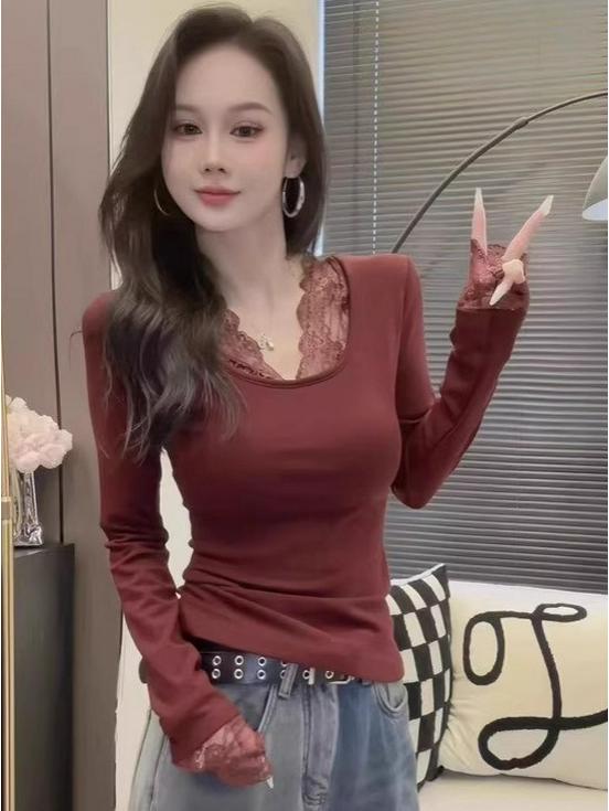 Pure Desire Women's Lace Patchwork V-Neck Long Sleeve Top - 2025