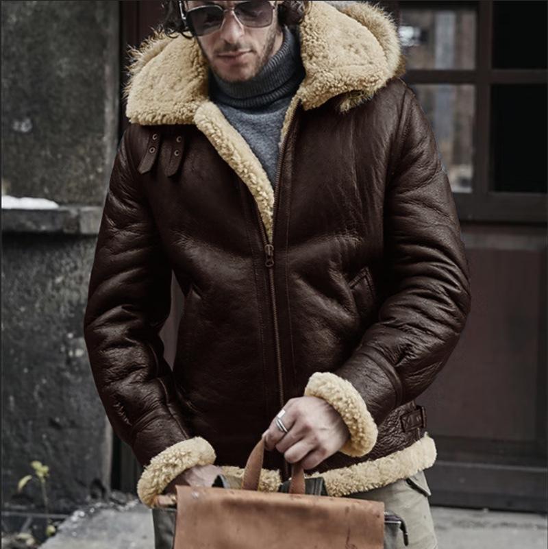 Men's European Style Shearling & Faux Leather Coat with Lambswool, Best Seller