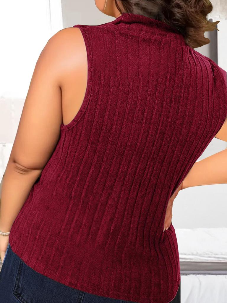 2026 Spring/Summer Plus Size Women's Knit Stretch Half High Neck Sleeveless Solid T-shirt