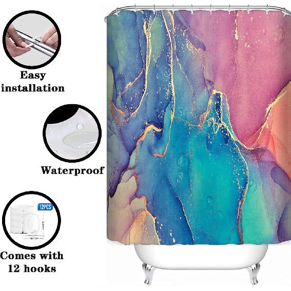 Britimes 4 Pcs Shower Curtain Set, Pink and Green Marble Texture Abstract Shower Curtain with Non-Slip Rugs, Toilet Lid Cover and Bath Mat, Bathroom