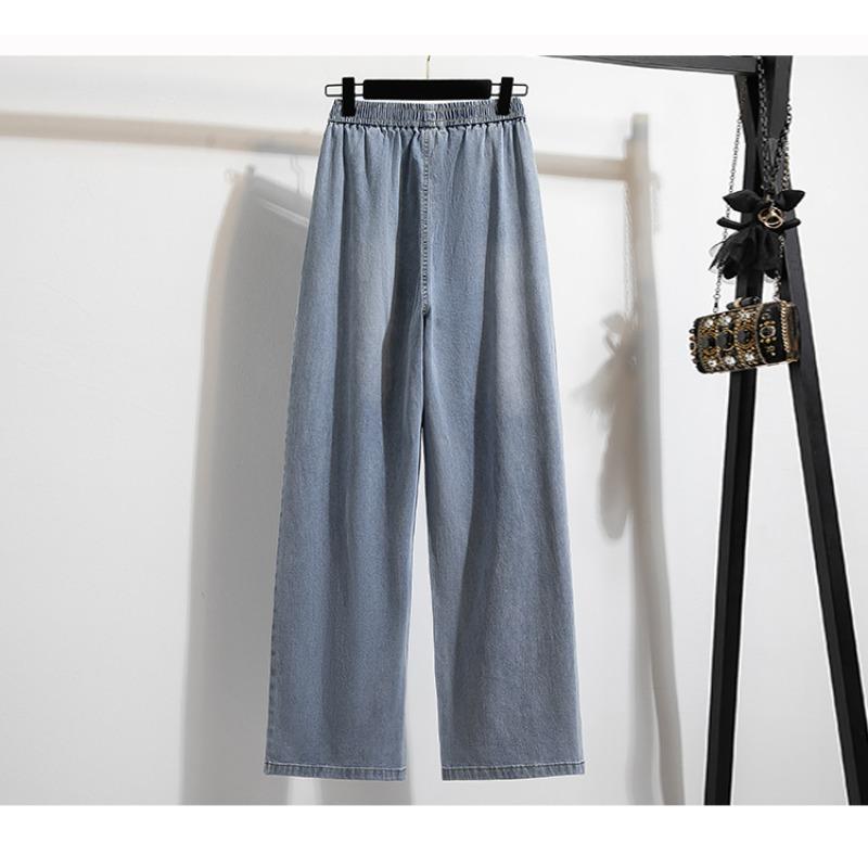 DIMANAF 2026 Sommer Neu Übergröße Damen Lange Hosen Dünn Locker Freizeit Elastischer Bund Mode Damen Unterteile Kleidung Jeans Blau