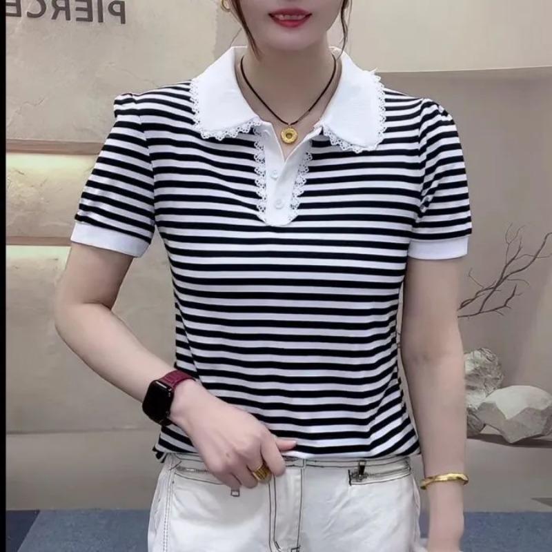Summer Women's Striped T Shirt Lace Trim Polo Collar Short Sleeve Slim Fit Casual Tops