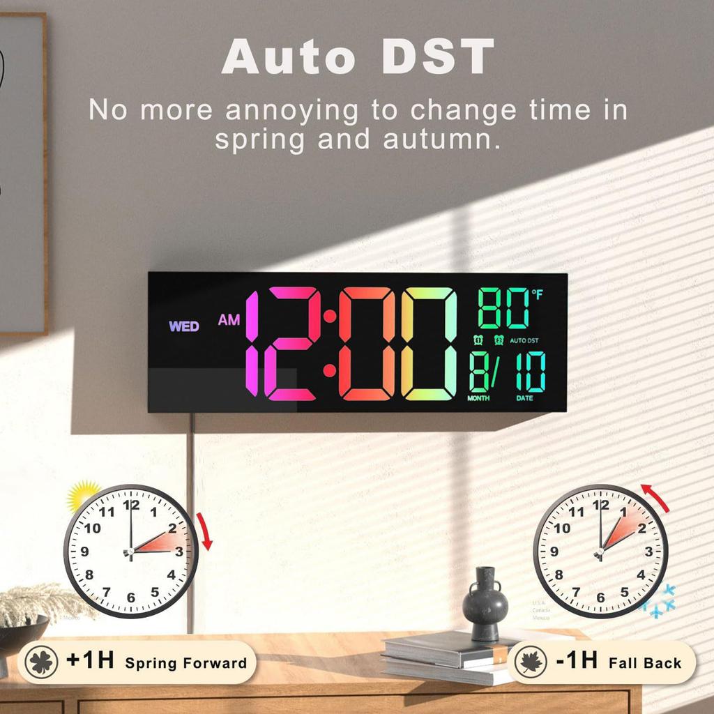 Modern LED Digital Clock 16" with RGB Lights 11 Scene Modes Big Display Dual Alarm Function and Room Temperature Feature