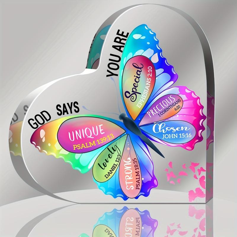 2D Fla Colorful Butterfly Acrylic Heart Decoration Plaque, Inspirational Faith Gift, Suitable for Wall Decoration, Porch, Room, Villa, Accents Home, H