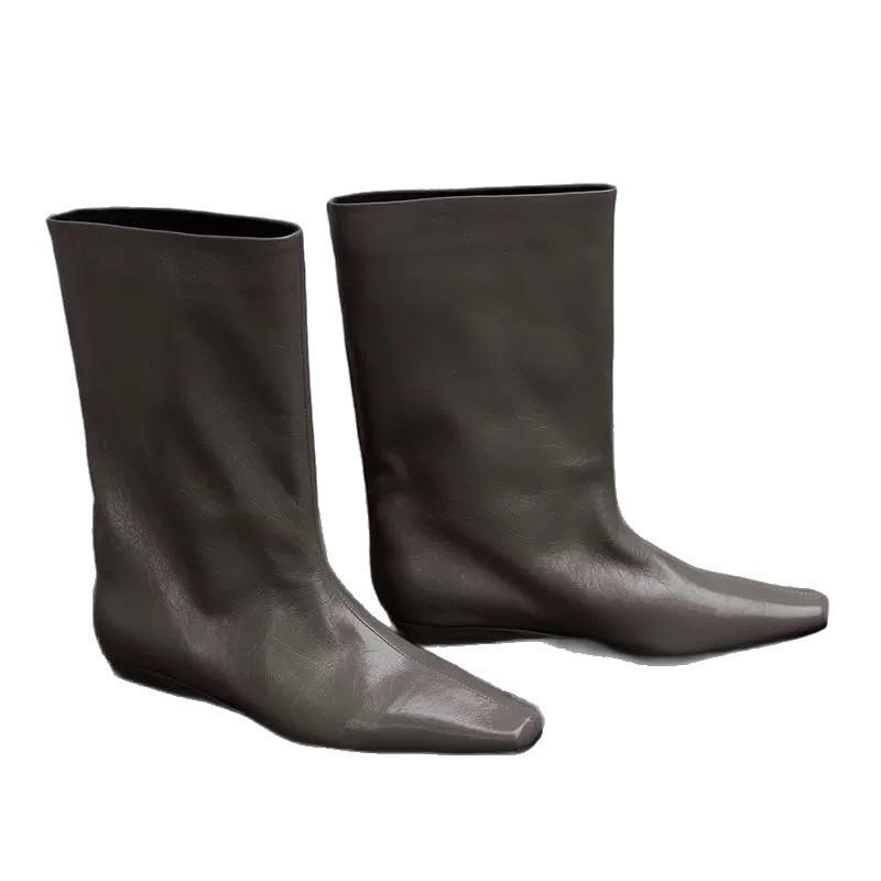 Cowhide version~ Korean niche small square head slope straight mid-tube boots women's 2025 new thin boots Chelsea boots