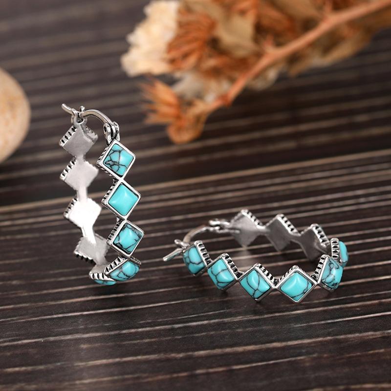 Boho Square Imitation Turquoise Earrings for Women Anti Silver Color Retro Hoop Earrings Anniversary Gift Bohemia Jewelry