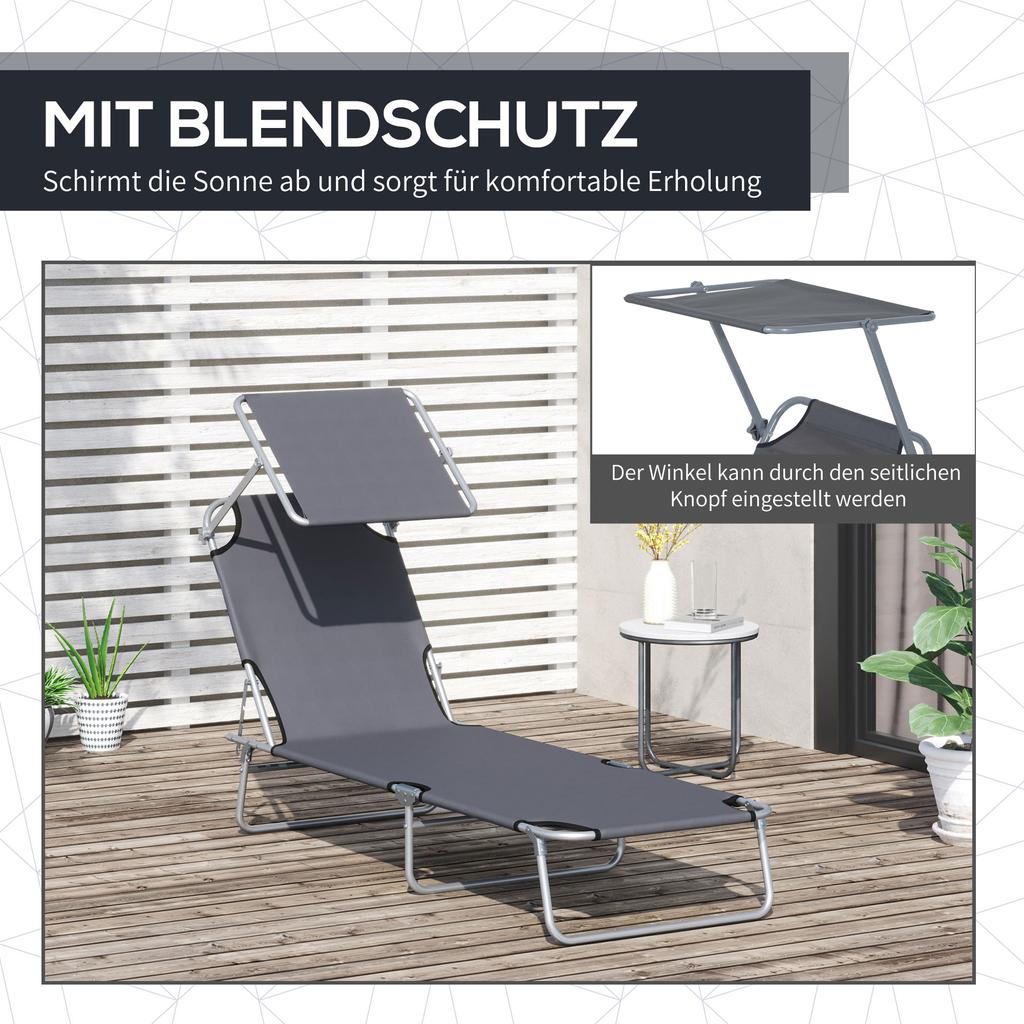 Foldable Sun Lounger, Garden Lounger with Sunshade, Beach Lounger, with 4-position Adjustable Backrest,  Suitable for Garden, Balcony and Pool, Gray