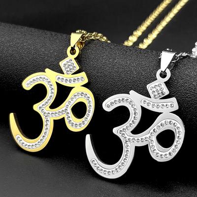 Stainless Steel Full Rhinestones Hindu Yoga Om Symbol Pendant Necklace for Women Men Gold Color Buddhism Sign Healing Jewelry