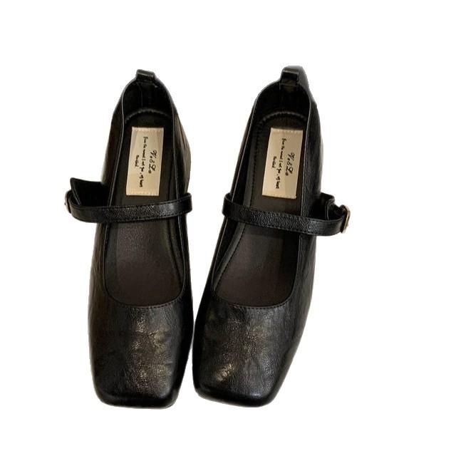 French Retro Square Head Light Mouth Single Shoes Women's Middle Heel Spring and Autumn Evening Temperament Fairy Thick Heel Mary Jane Small Leather S