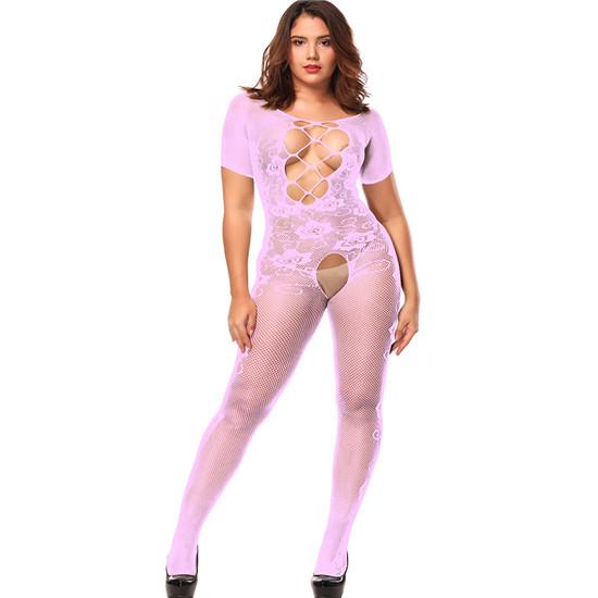 Bielizna erotyczna Koronkowe pończochy Kobiety Sexy otwarte krocze Różowe żakardowe połączone netto