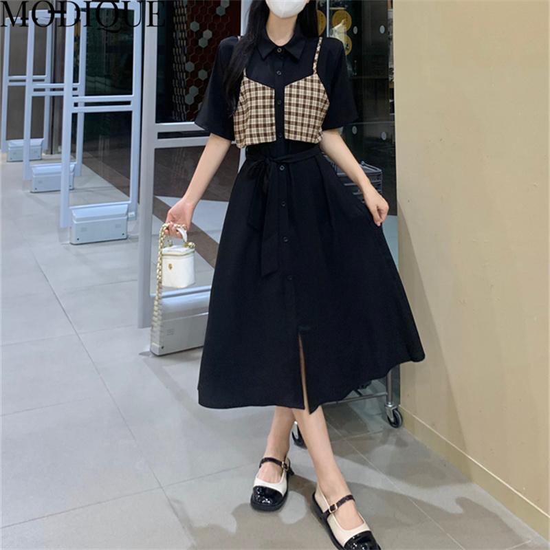 

MODIQUE 2023, летняя новая классическая рубашка больших размеров, женская свободная клетчатая хлопково-льняная рубашка трапециевидной формы, состоящая из двух частей, повседневные женские платья с коротким рукавом