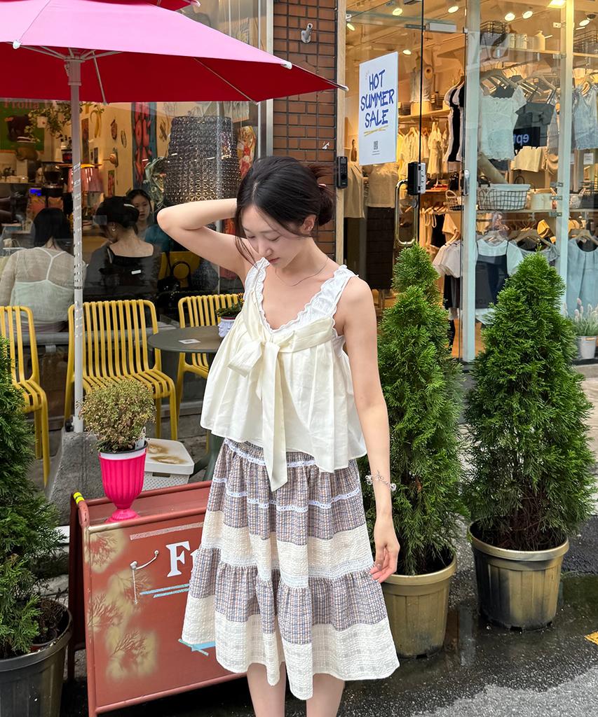 Sinun Smocking Color Block Flare Skirt (Beige)
