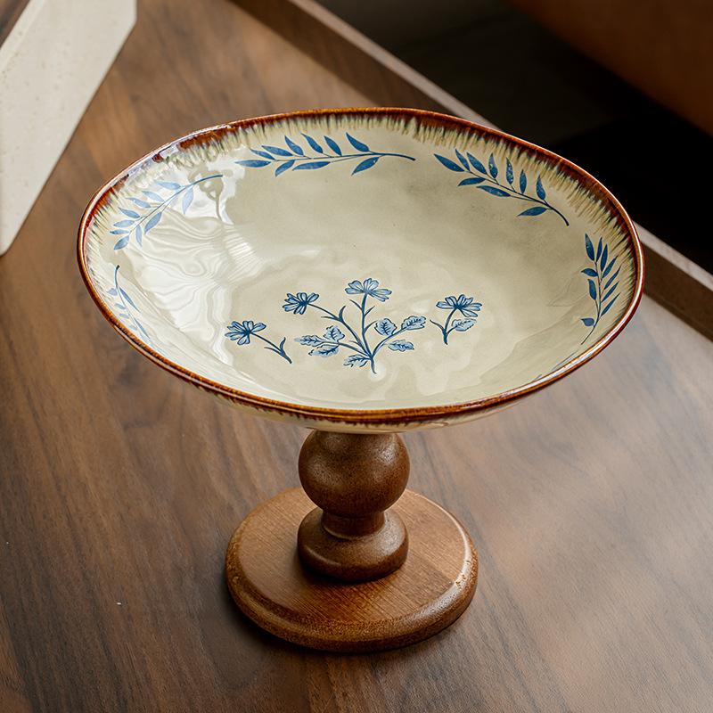 Wooden High-Footed Plate Fruit Plate Snack Plate Living Room Ceramic Fruit Plate Tray High-Value Entrance Ornament Export