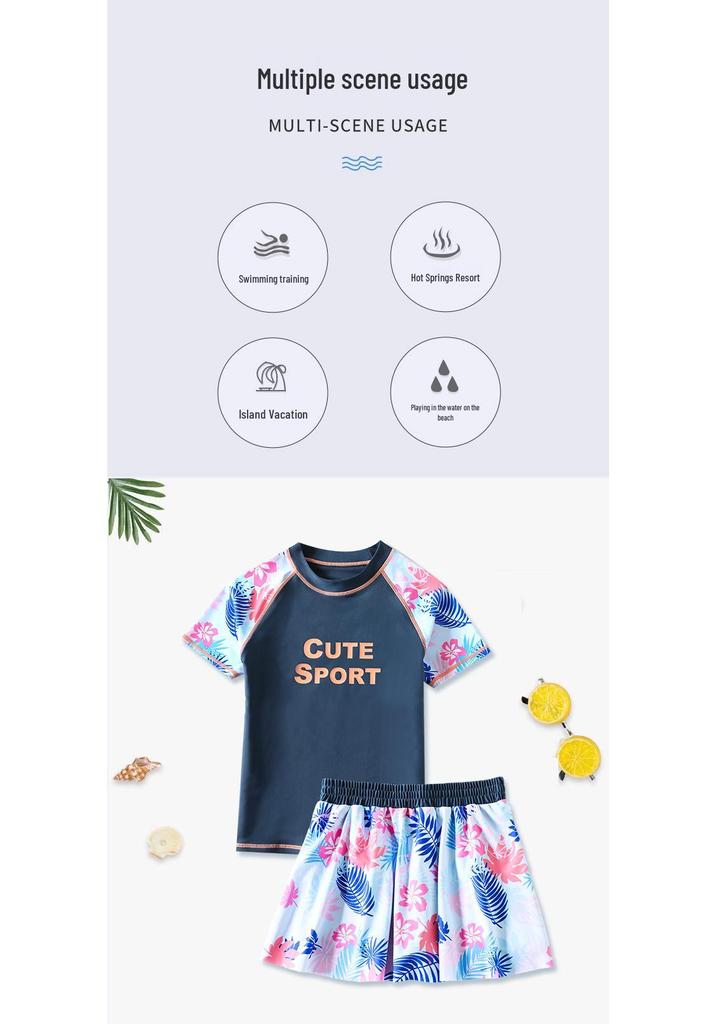 Girls' Plus Size Two-Piece Short-Sleeve Swimsuit - Extra Large, Quick-Drying Swimwear for Kids