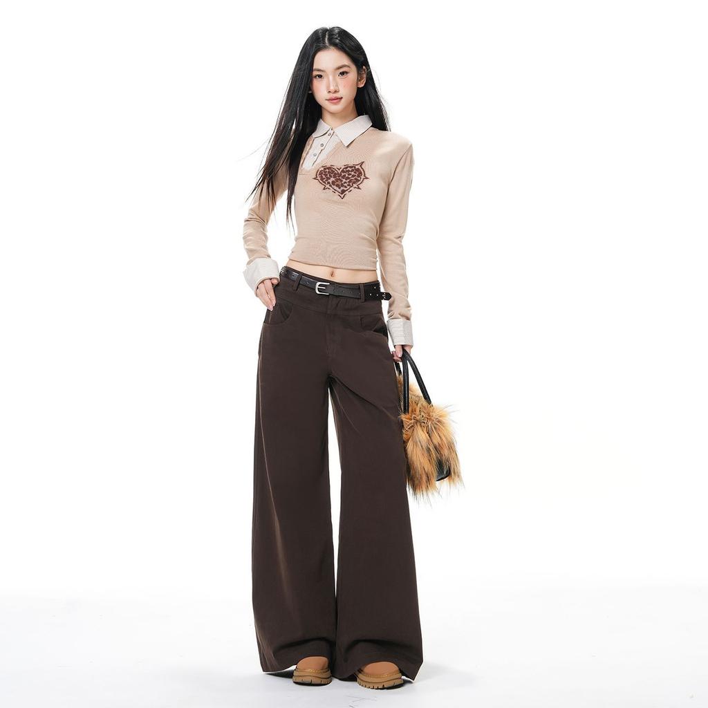 Khaki Lazy Style Wide-leg Jeans Women's Autumn and Winter American High-waisted Loose Splicing Straight-leg Pants