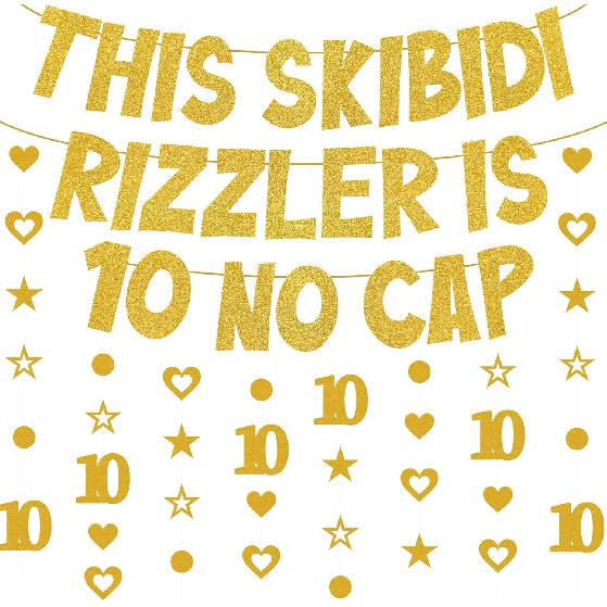 Skibidi Rizzler Birthday Banner Decorations - This Skibidi Rizzler Is 9 No Cap Gold Glitter Banner, Pre-Strung Stars Hearts Garland Ideas Funny Gold 10th