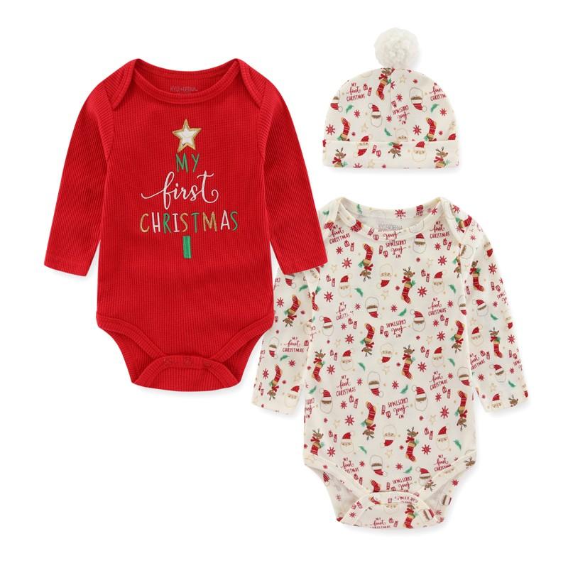 

Kiddiezoom Детские рождественские наряды для мальчиков и девочек с мультяшным принтом Комплект одежды для новорожденных из 2 предметов Боди с длинными рукавами и шапочкой Одежда для младенцев 0-3Months