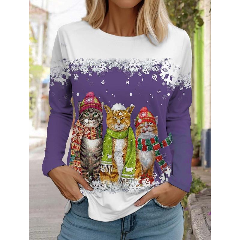 Boże Narodzenie Słodki Kot Damski Długi Rękaw T-shirt Okrągły Dekolt Długi Rękaw Jesień Odzież Zwierzę Święta Moda Impreza T-shirt