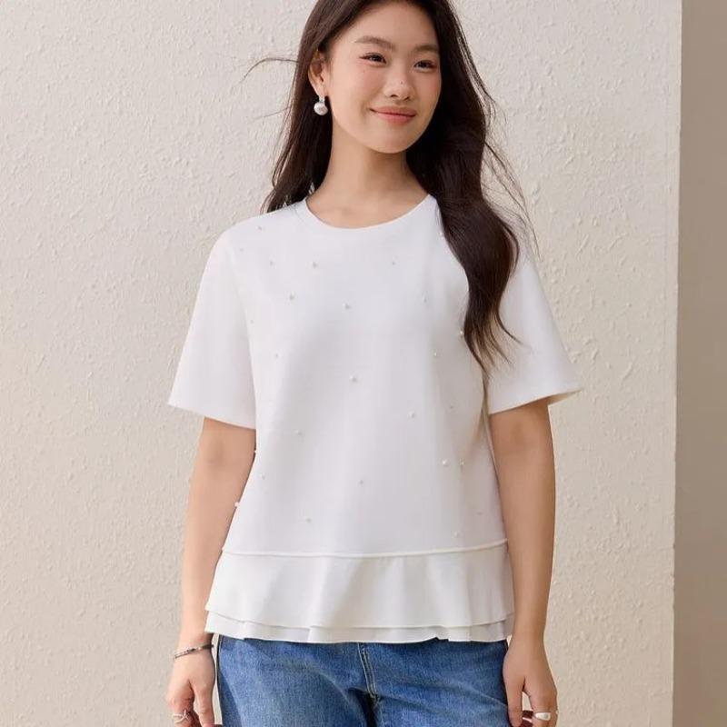 Women s White Short Sleeve T Shirt With Pearl Bead Detail And Ruffle Hem XL белый