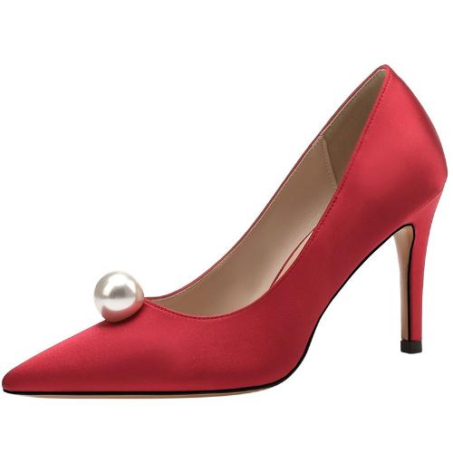 Fashion 2025 New Wedding Shoes Women Pearl Buckle Red High Heels Stiletto Bridesmaid White Bridal Shoes Black Work Shoes