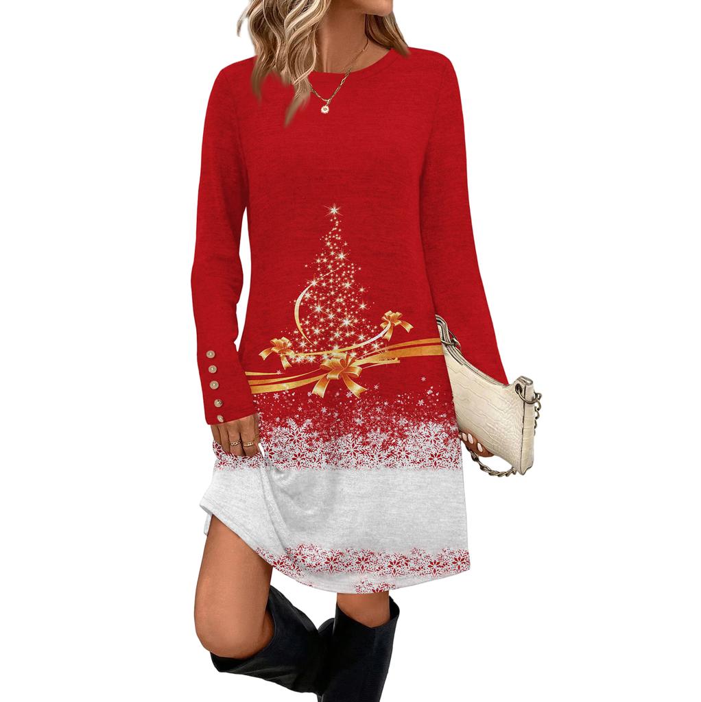 Dámské módní ležérní šaty s kapsami, ozdobnými knoflíky, vánočními potisky, kulatým výstřihem a dlouhým rukávem