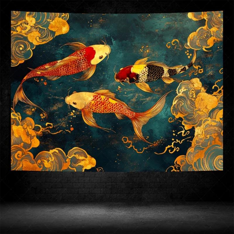 VIKAMA Lucky Koi Fish Tapestry Traditional Japanese Art Koi and Golden Clouds Wall Hanging Background Cloth for Home