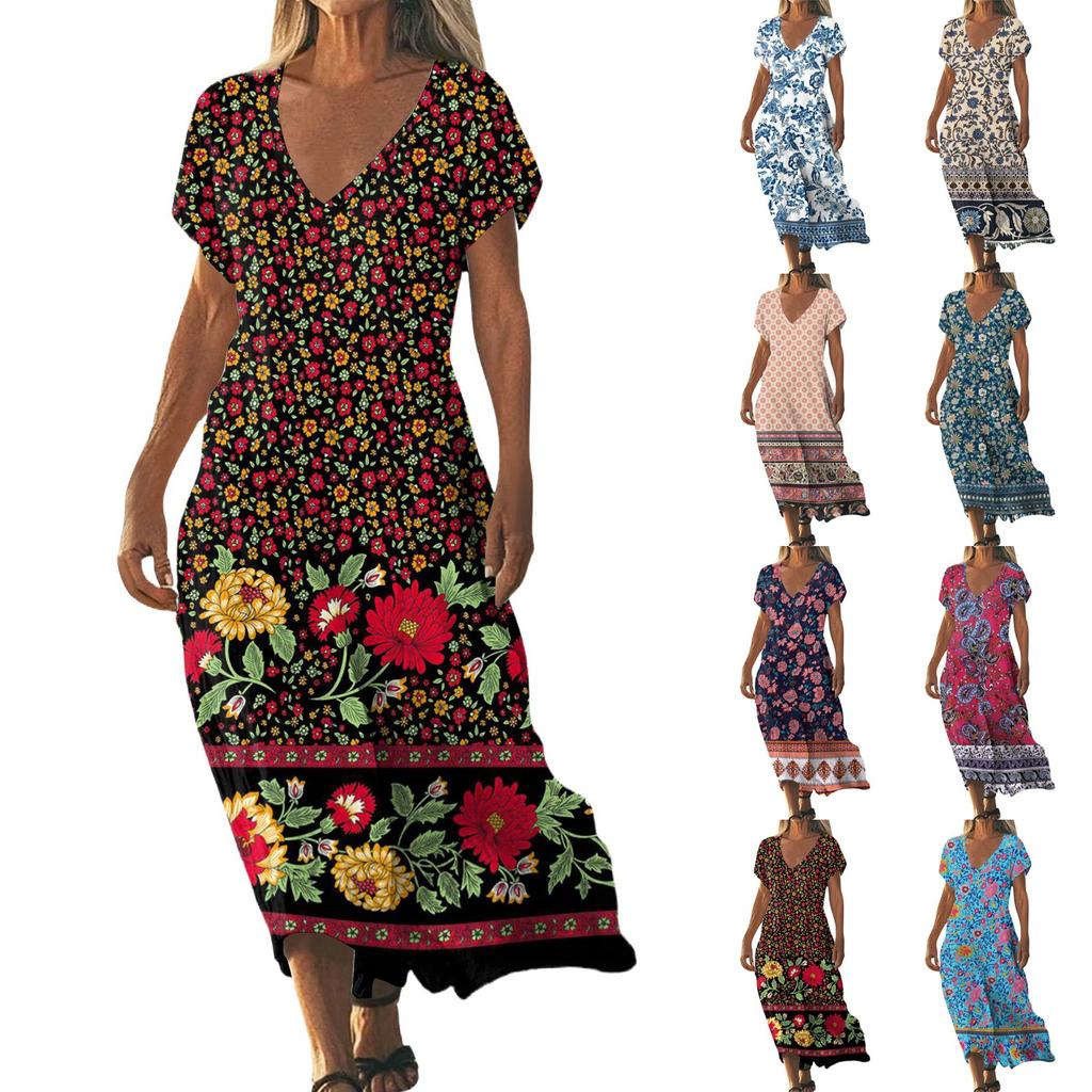 Letní šaty Dámské Dlouhé Boho Plážové šaty Elegantní Maxi šaty Výstřih do V Krátký rukáv Letní Tunikové šaty Lehké Vzdušné