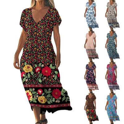 Καλοκαιρινό Φόρεμα Γυναικείο Μακρύ Μποέμ Φόρεμα Παραλίας Κομψό Μάξι Φόρεμα V Λαιμόκοψη Κοντομάνικο Καλοκαιρινό Τουνίκ Φόρεμα Ελαφρύ Αέρινο