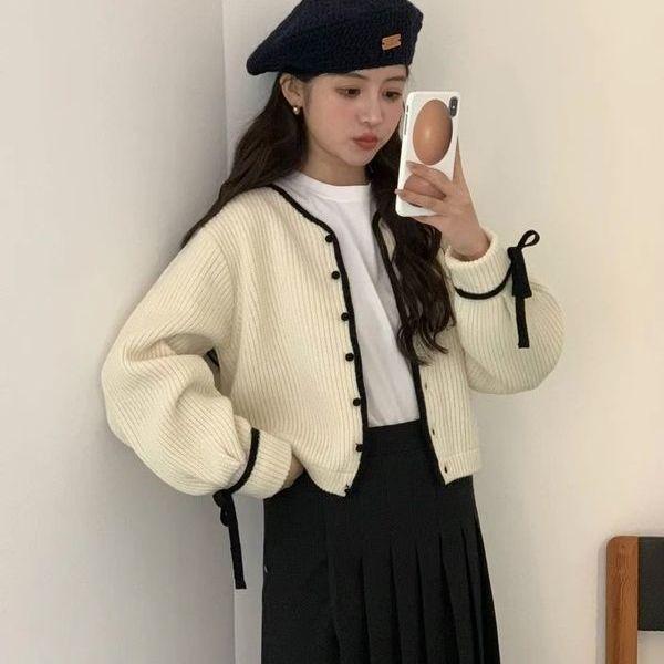 

Французский ретро вязаный кардиган, свитер, женский осенний и осенний свитер с длинными рукавами, женское пальто и короткий свитер, кардиган, женский топ One Size бежевый