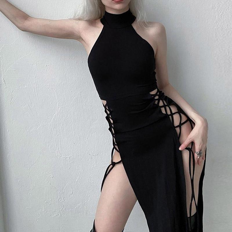 Goth Dark Cosplay Hoher Schlitz Sexy Bandage Damenkleider Y2K Mall Gothic Neckholder Slim Midi Kleid Schwarz Grunge Stil Alt Partykleidung