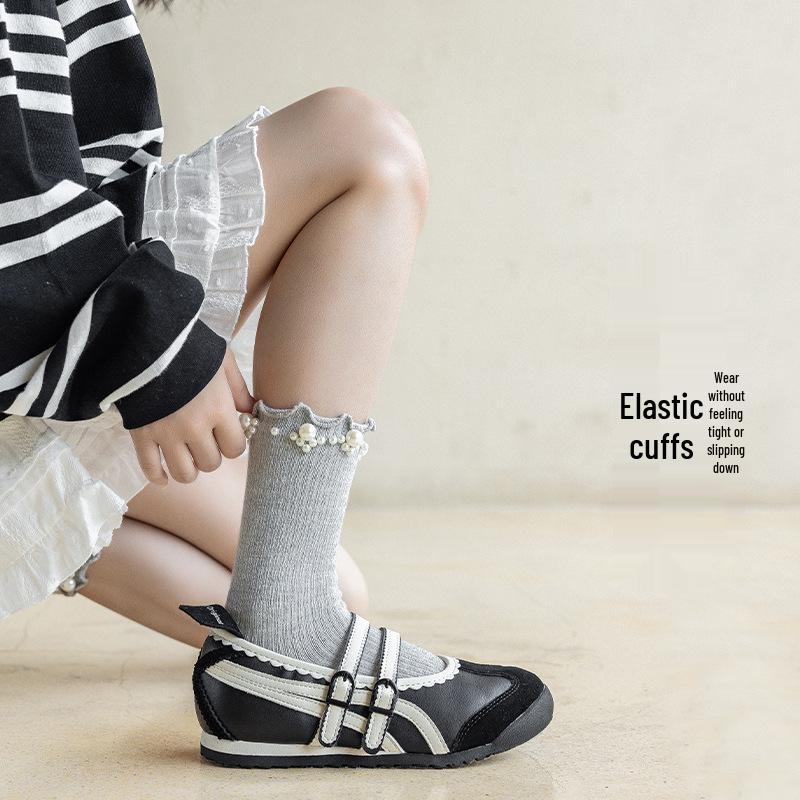Children's Lace Pearl Mid-Calf Princess Socks - Spring/Autumn Retro Solid Color for Girls