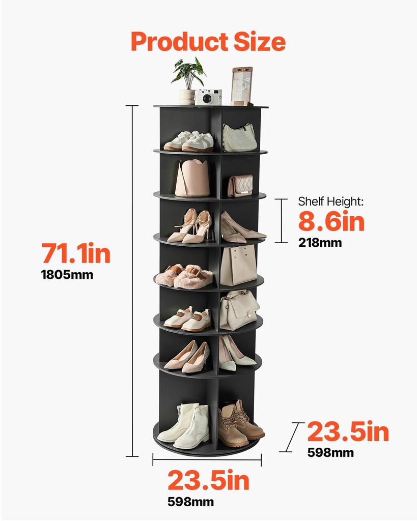 7 Tiers Rotating Shoe Rack Tower, 360° Spinning Shoe Rack, Revolving Storage Round Carousel Display, Freestanding Lazy Susan Organizer Display for