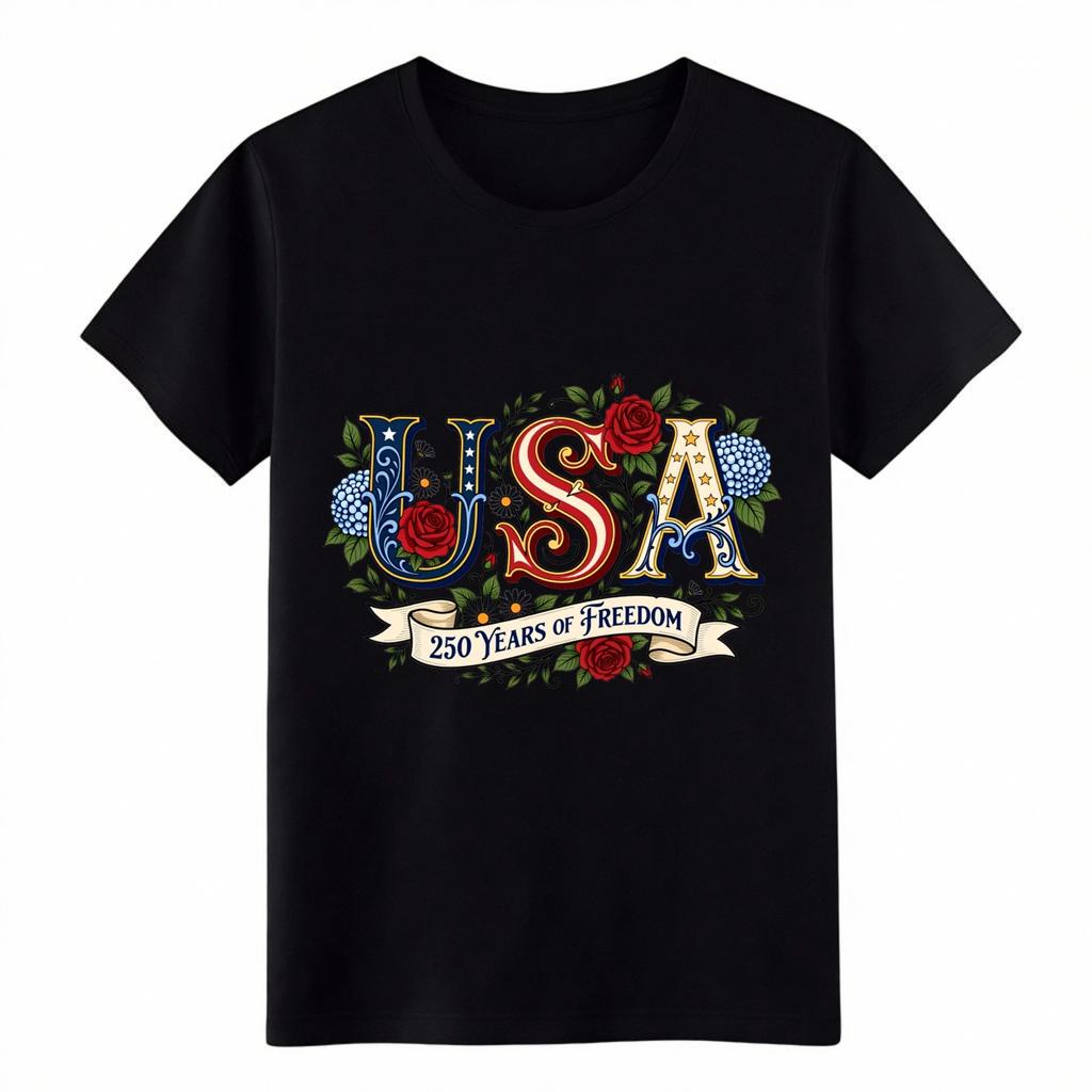 Patriotic USA 250 Years of Freedom T-Shirt - Floral American 1776-2026 Tee