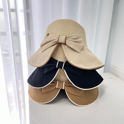 Bow Big Brim Sun Hat Children Versatile Travel Splicing Straw Hat Summer Sunscreen Bucket Hat Folding Tide