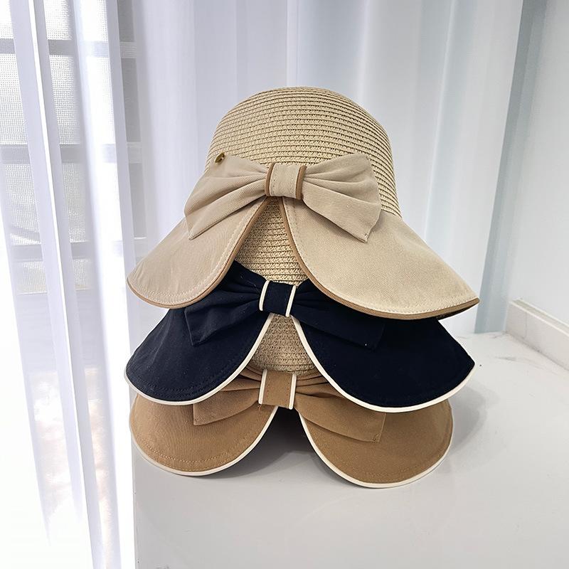 Bow big brim sun hat children versatile travel splicing straw hat summer sunscreen bucket hat folding tide