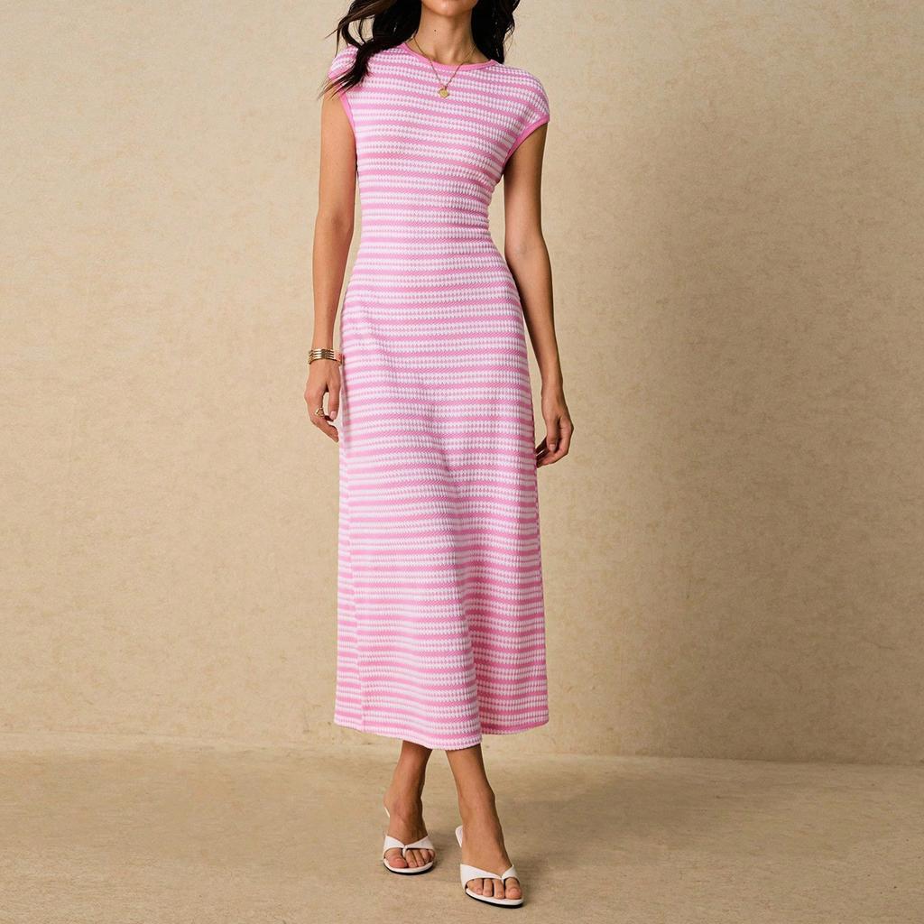 Women's Fashionable Casual Color Blocked Striped Waist Cinched Round Neck Short Sleeved Long Dress