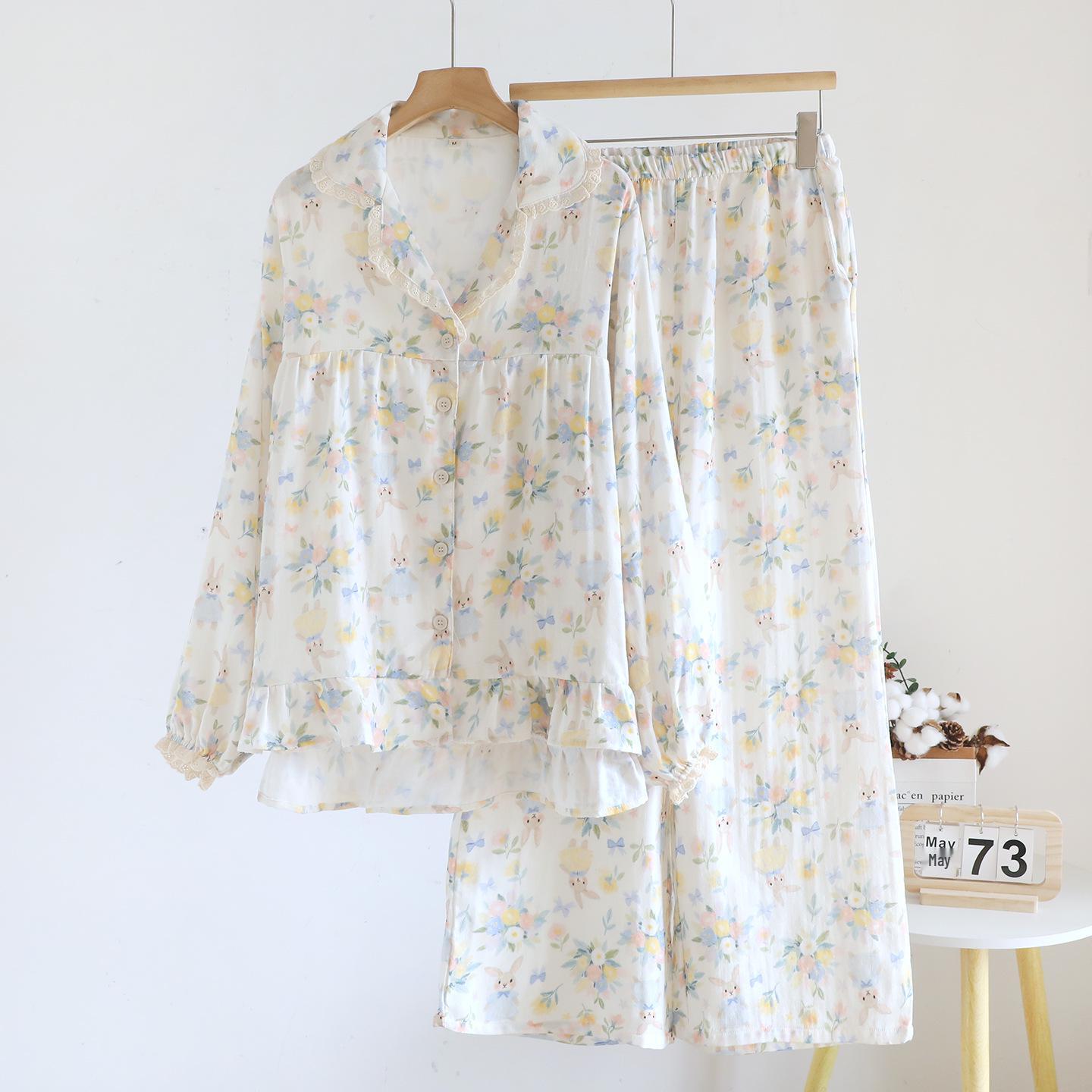 Korean Style Women s Breathable Cartoon Gauze Pajamas Set for Spring and Autumn Large