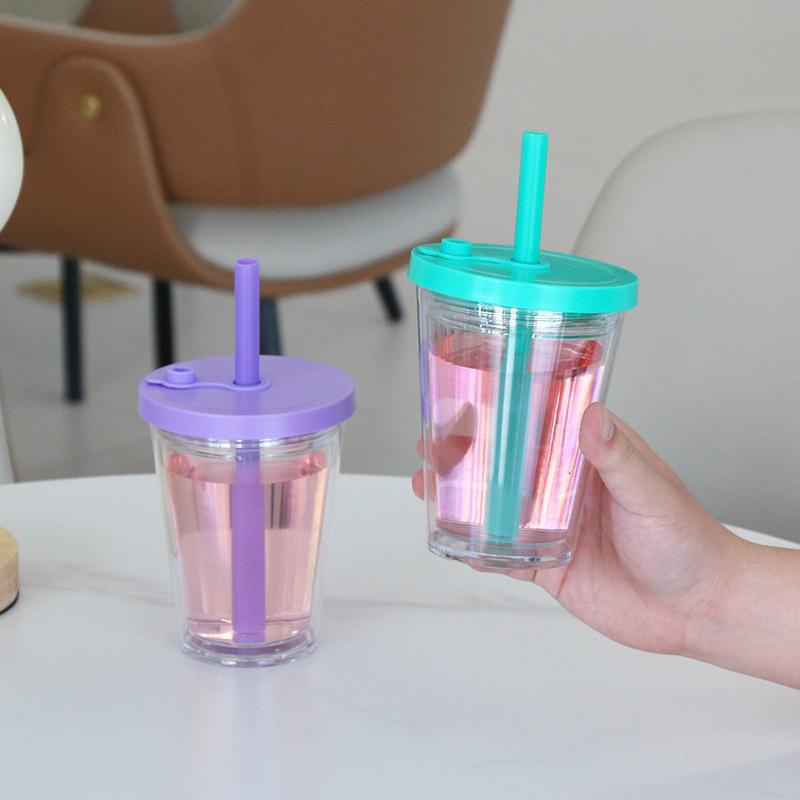 360ml Kreativer Dicker Strohhalm Bubble Tea Becher DIY Silikonstöpsel Doppellagig Kunststoffummantelt Rund Amerikanischer Stil Kaffeebecher