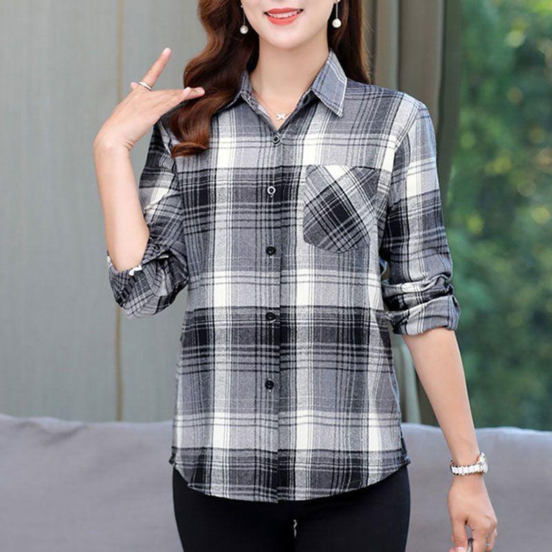 Spring Autumn Mom's Elegant Harajuku Plaid Tops Women Loose Casual All Match Lady Shirt Polo Collar Button Long Sleeve Shirt