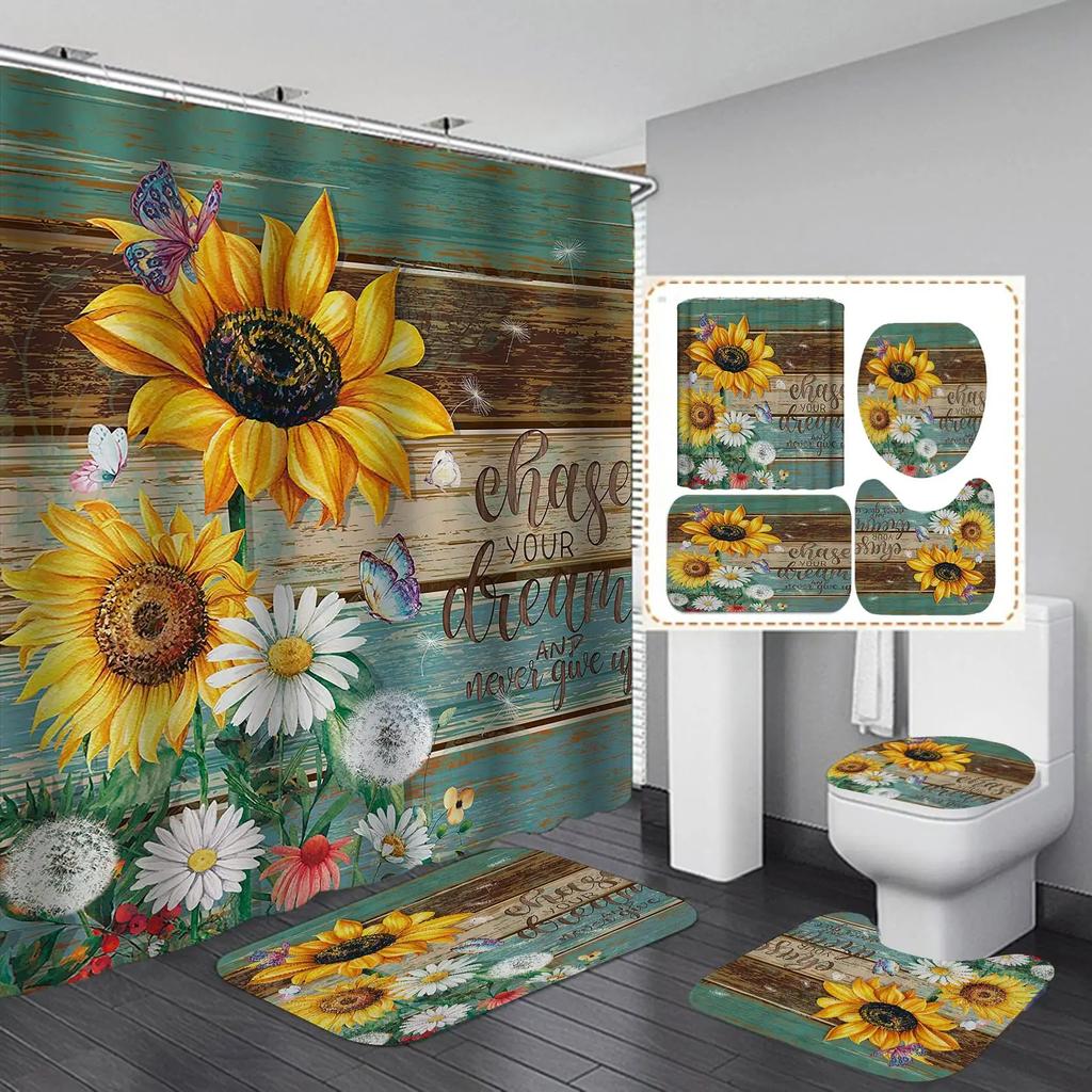 Butterfly Daisy Sunflower Shower Curtain Sets Retro Floral Vintage Country Farmhouse Flower Rustic Wooden Bathroom Decor Sets