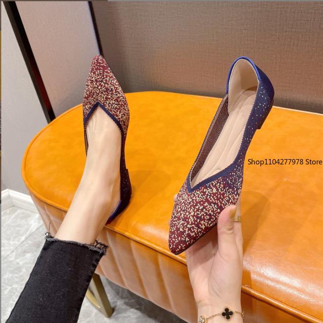 Fashion Spring and Autumn Flat Shoes Fashion Leisure Women's Flat Shoes Loafers Pointed Knitting Elastic Comfortable Boutique Shoes 43