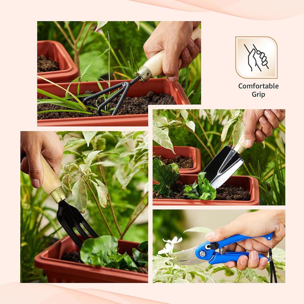 4-Piece Gardening Tool Set | Hand Cultivator, Trowel, Garden Fork, Pruner | Wooden Handle