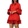 C8570 European & American Plus Size Women's 2024 Ruffle Tie Dress with Stacked Sleeves - Solid Color, Elegant Style.